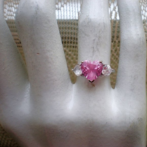 Vintage Designer Solid 10K White Gold Rose Pink White Topaz Heart RING 10kt